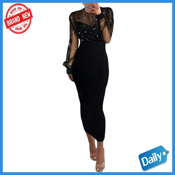 Sexy Bodycon Midi Dress Mock Neck Long Sleeve Sheer Beaded Party